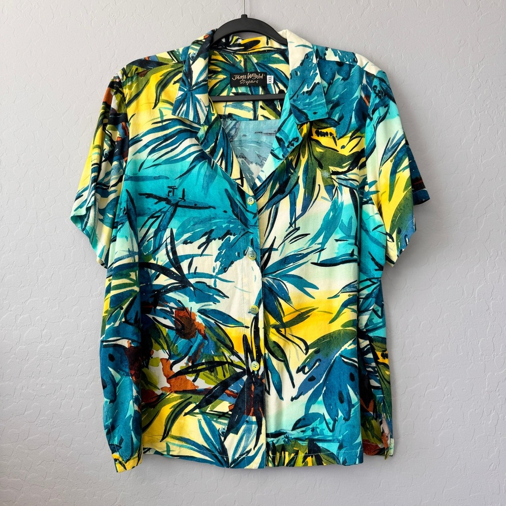 Jams World XXL 50 Years Shirt Teal Yellow Hawi Hawaiian Print Short Sleeve Rayon